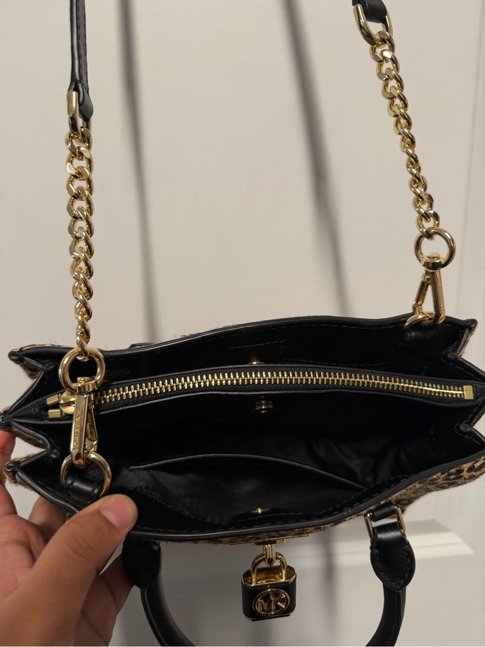 Michael Kors Hamilton Leopard Calf Hair Satchel Crossbody Bag Gold Hardware